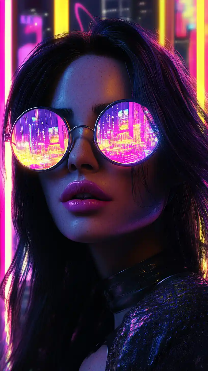 Neon lit woman portrait with futuristic city reflections
