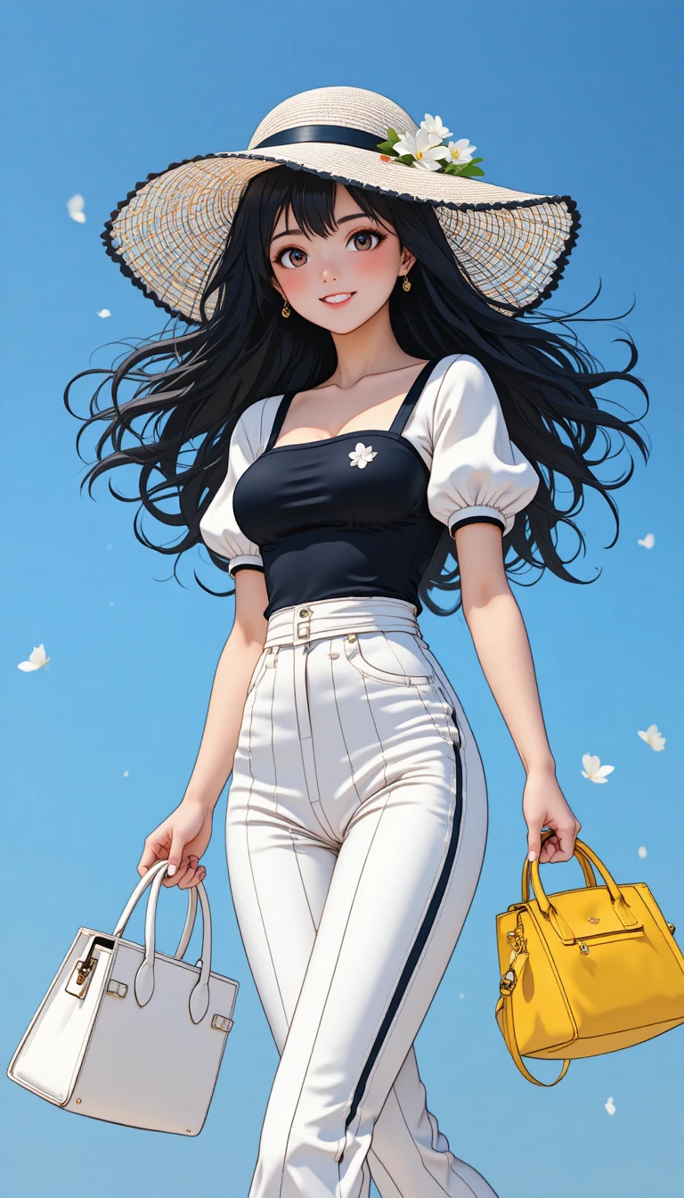 Stylish manga girl walking under a bright blue sky