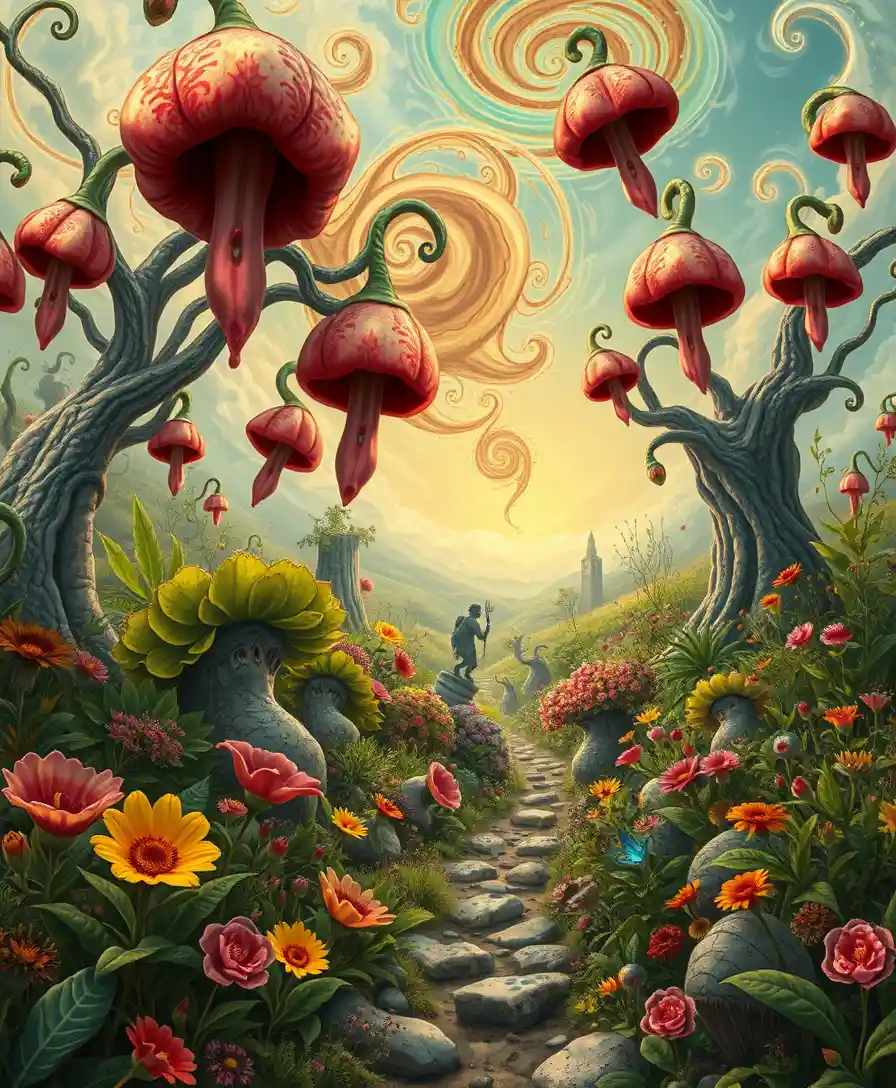 Whimsical fantasy garden of elemental creatures and bells