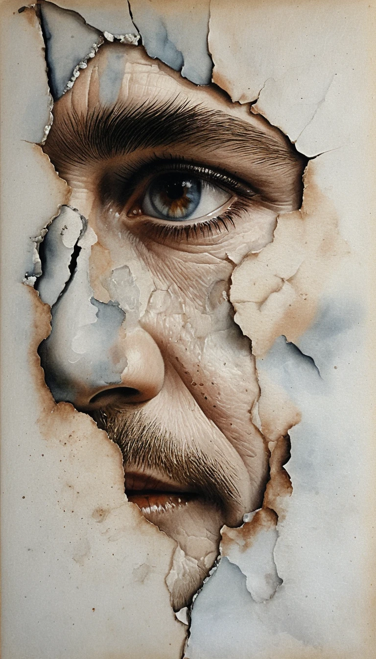 Fragmento de rostro masculino envejecido con estudio de ojo avellana intenso