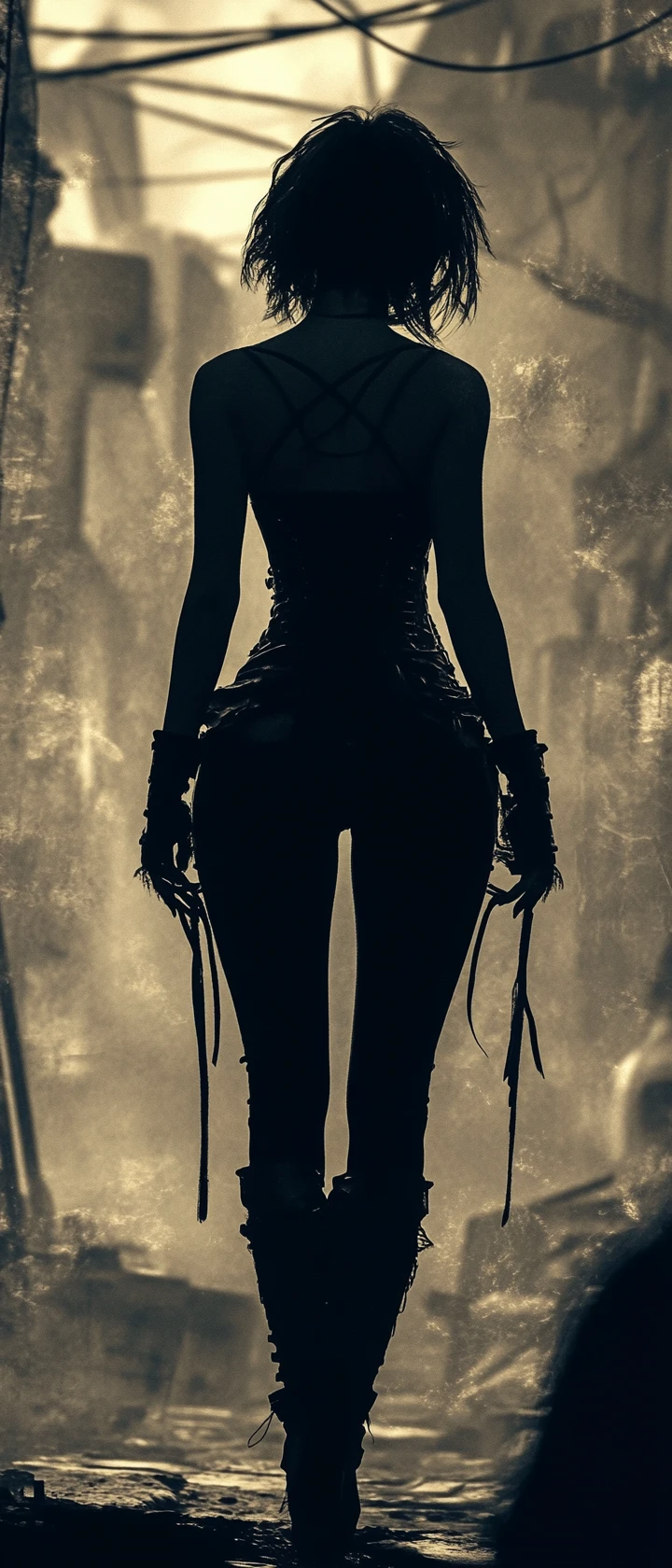 Retro futuristic heroine in corset facing a desolate wasteland