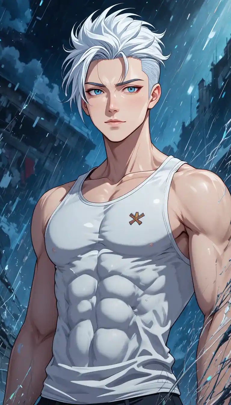 Homem de anime de cabelos brancos em pé na tempestade