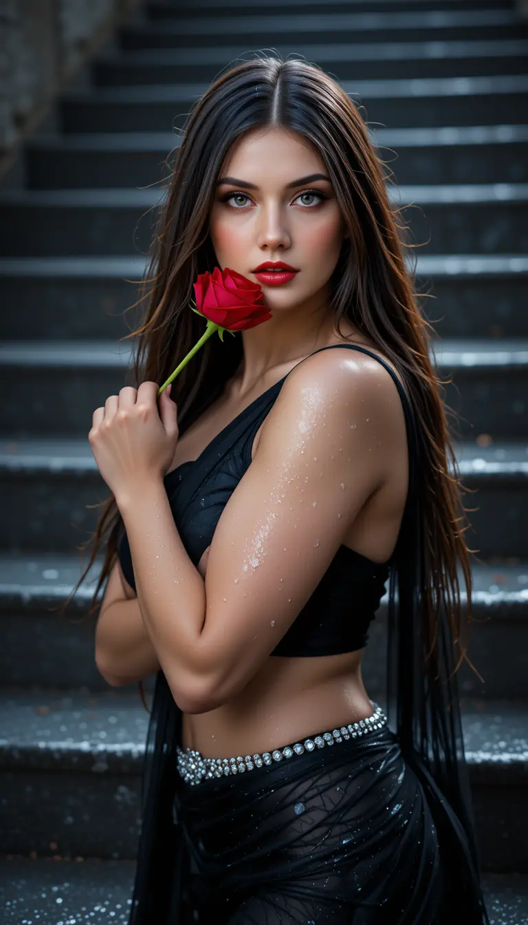 Indian woman on wet stone stairs biting a red rose