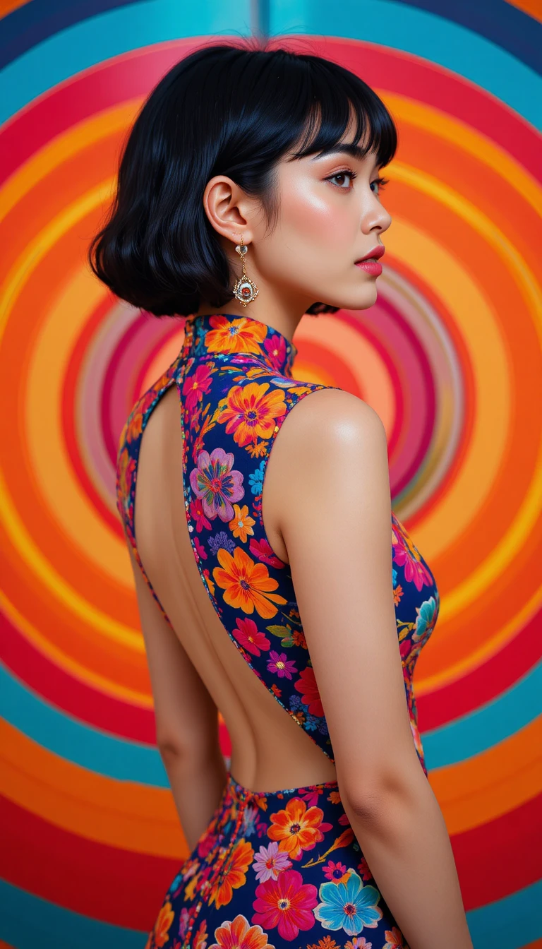 Young woman in floral dress against psychedelic circles