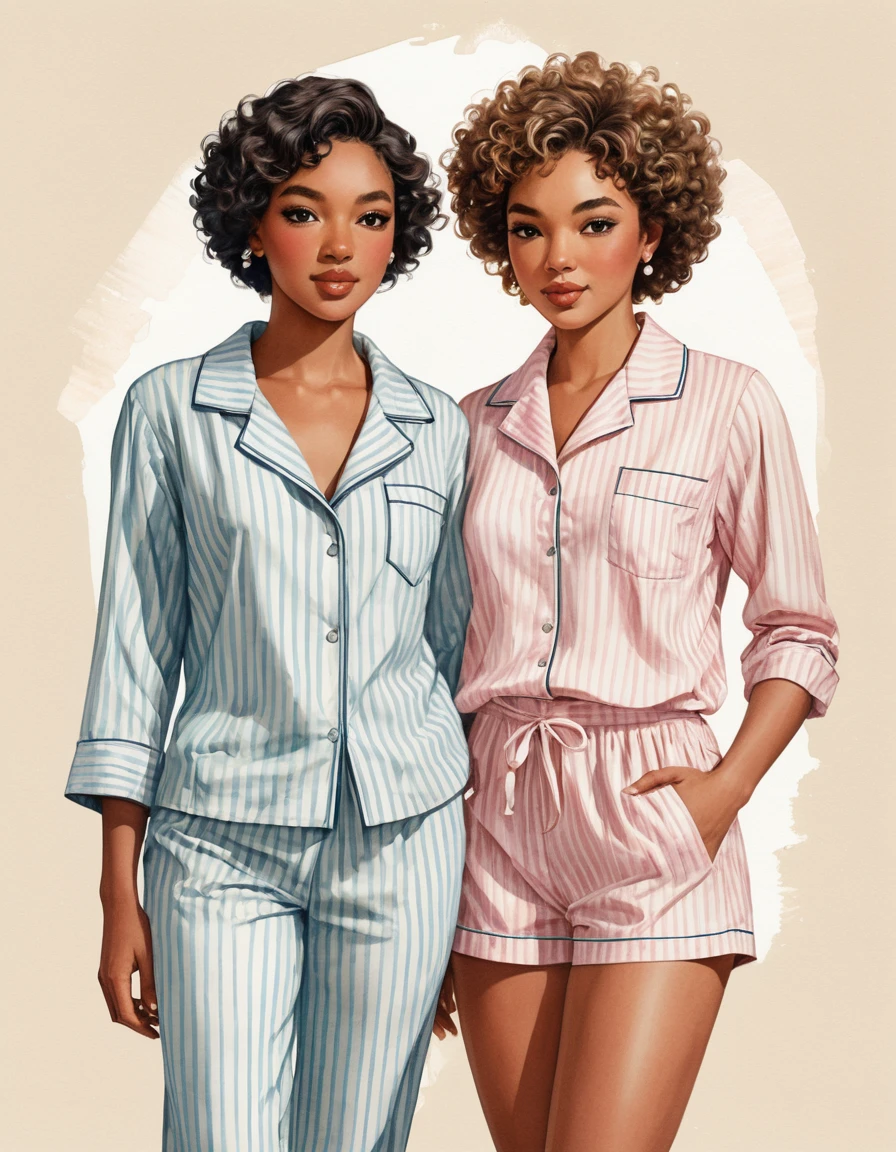 Two women in striped pajamas fashion illustration