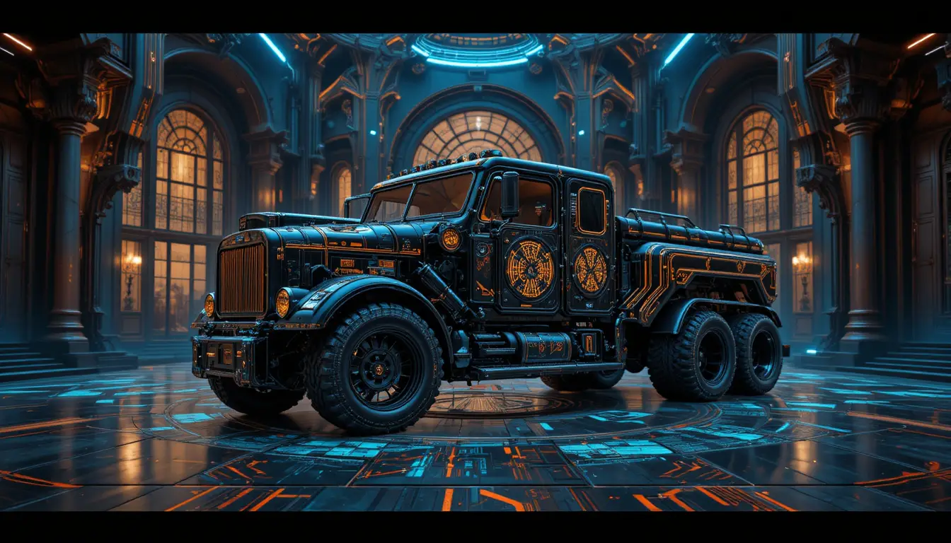 Gepanzerter Luxus-Truck vor moderner Villa bei Nacht
