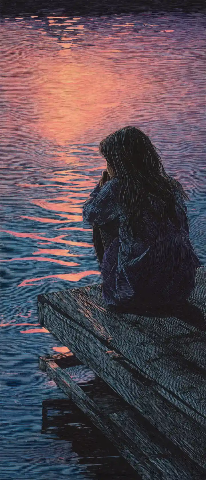 Young woman on a wooden pier at calm twilight lake