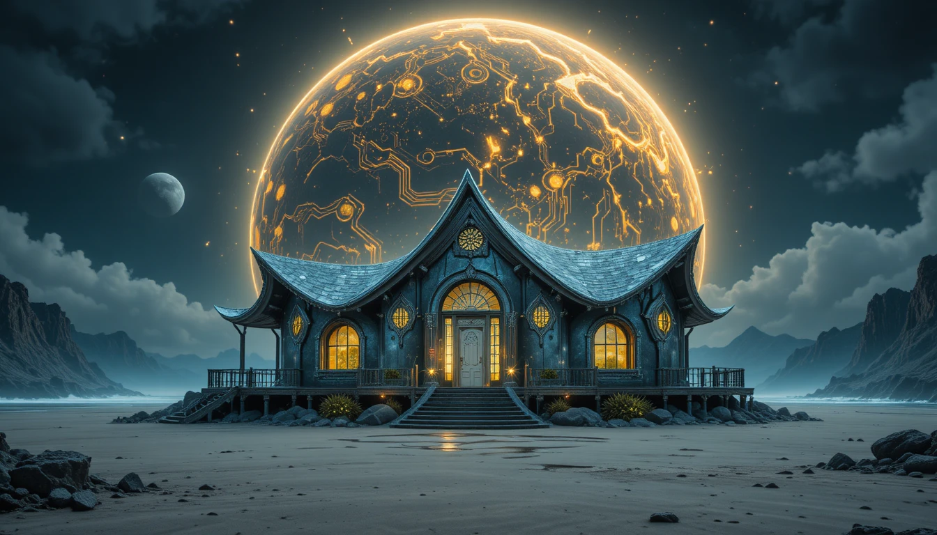 Futuristic beach house beneath a giant distant planet