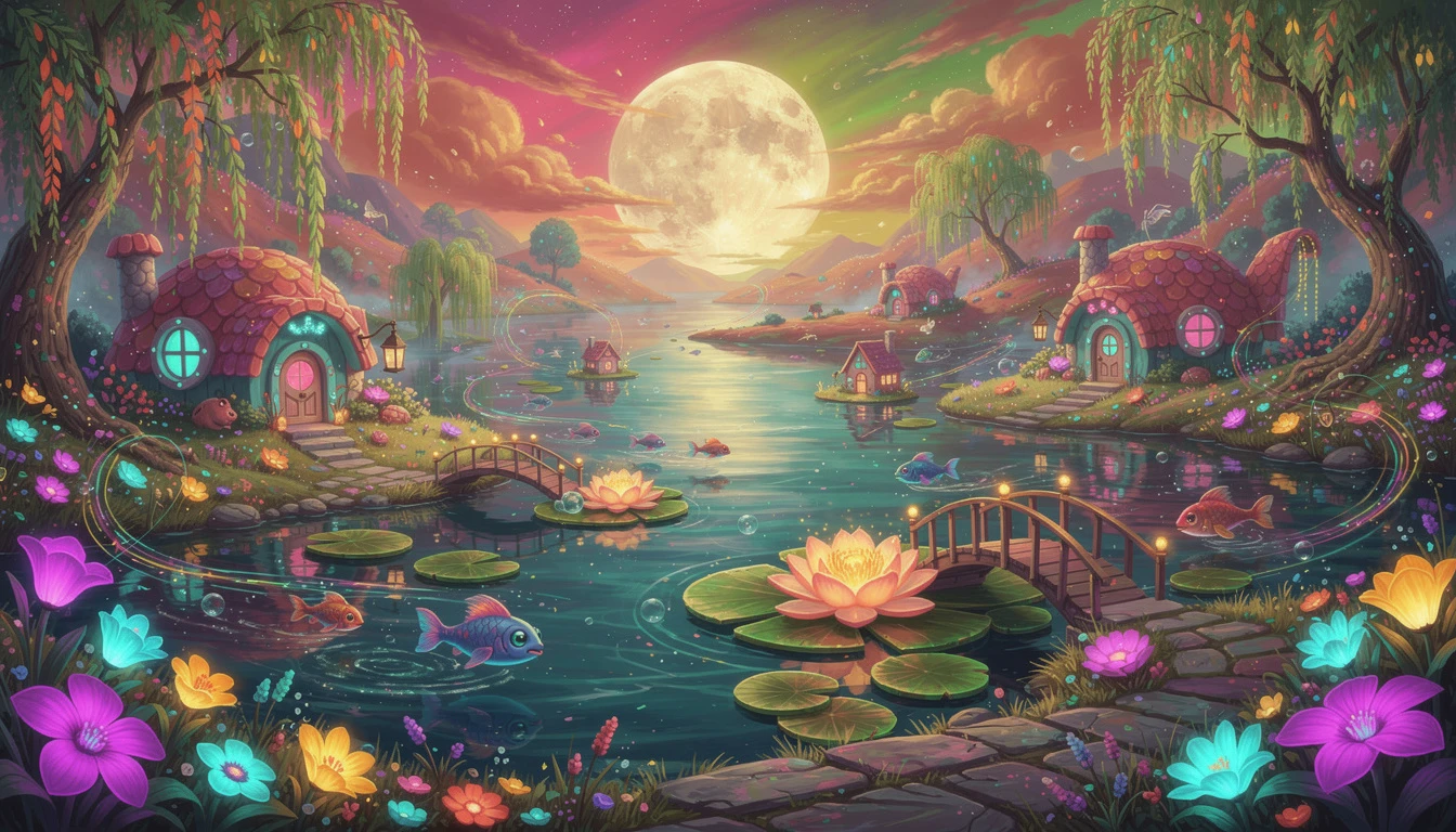 Neon fairy valley with glowing lagoons and cottages