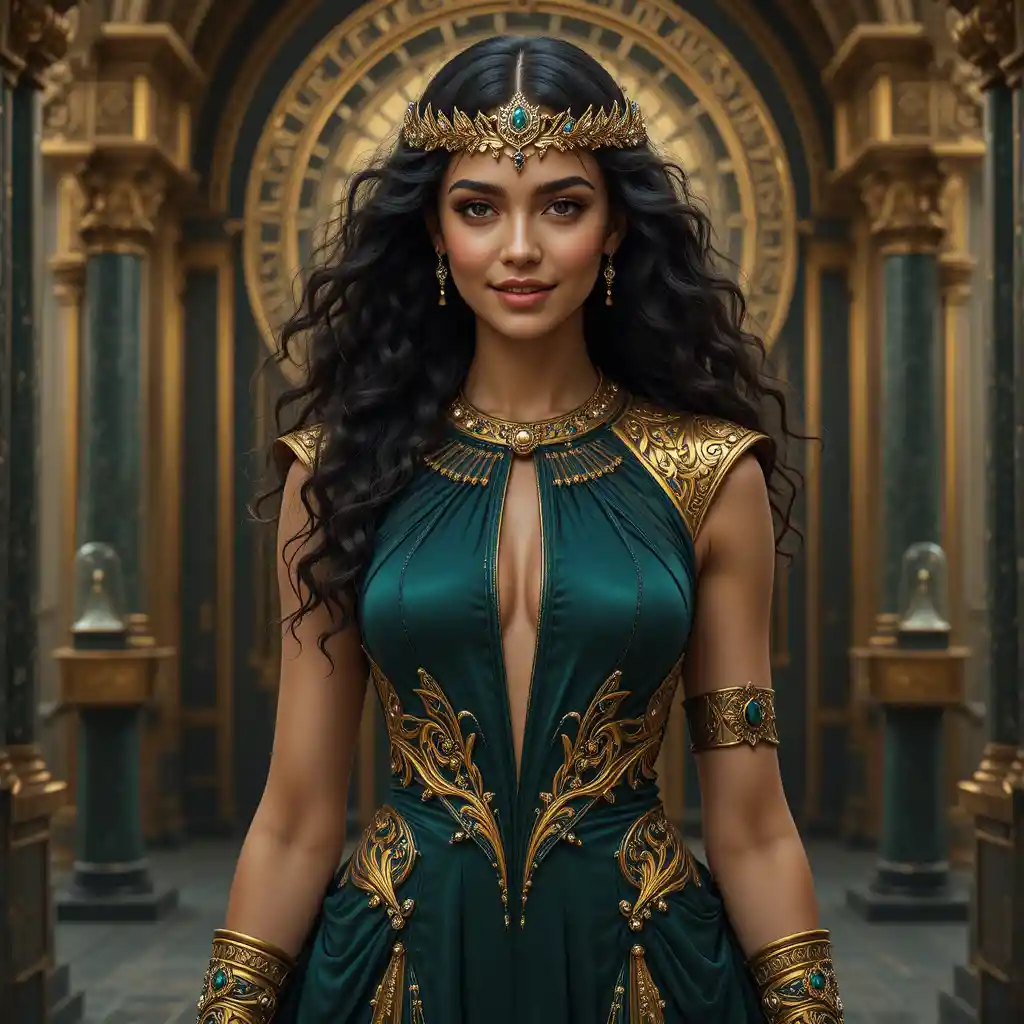 Regal fantasy woman in green gown before cosmic hourglass