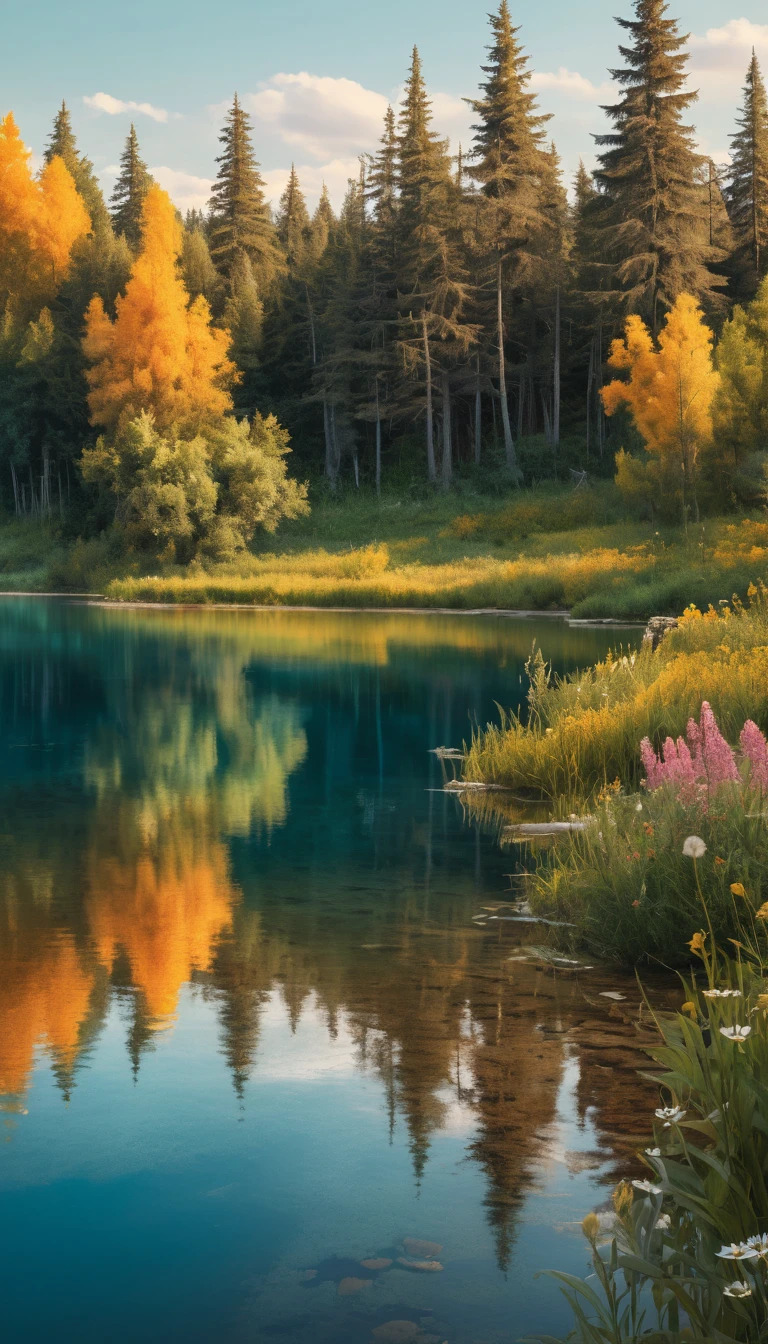 Tranquil rustic lakeside with deer and wildflowers at dusk