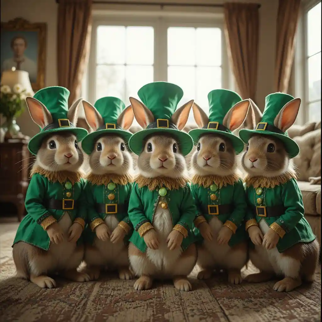 Group of rabbits in leprechaun costumes in bright living room