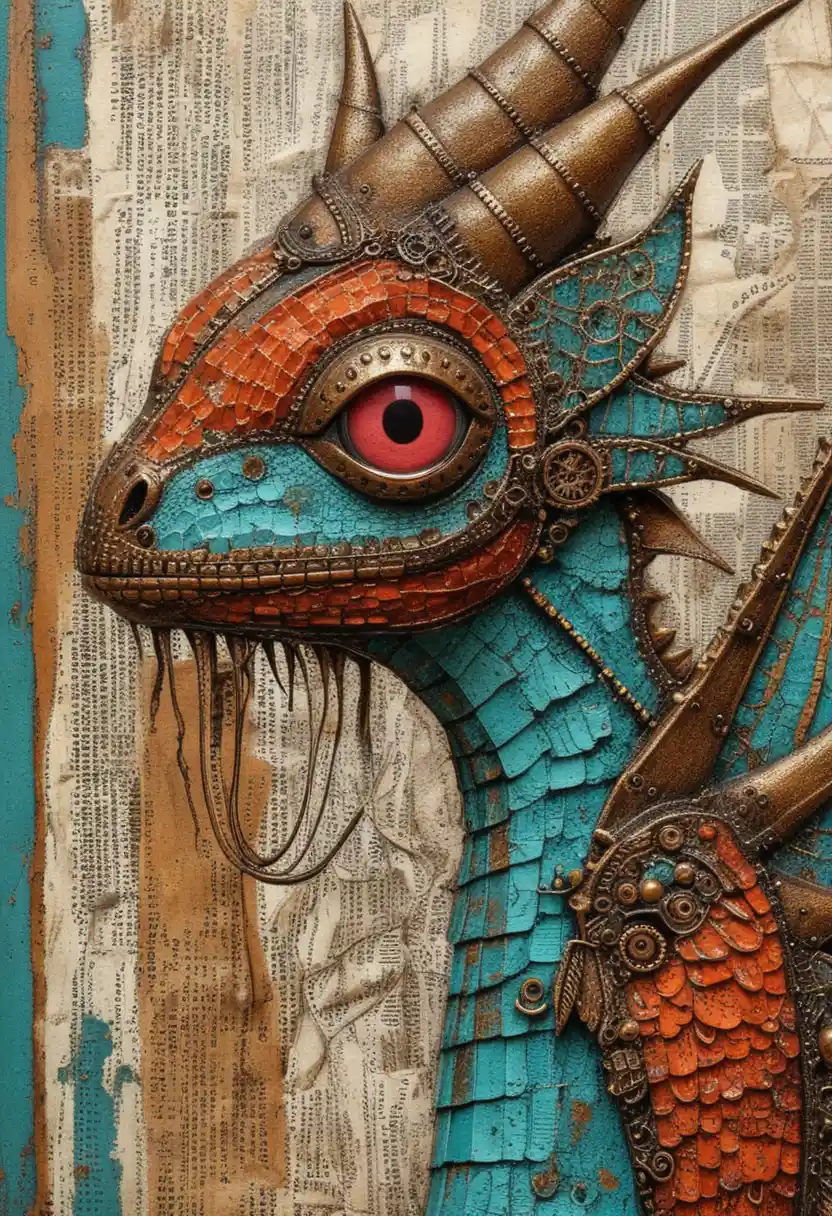 Steampunk mixed media profile portrait of a fierce fantasy dragon