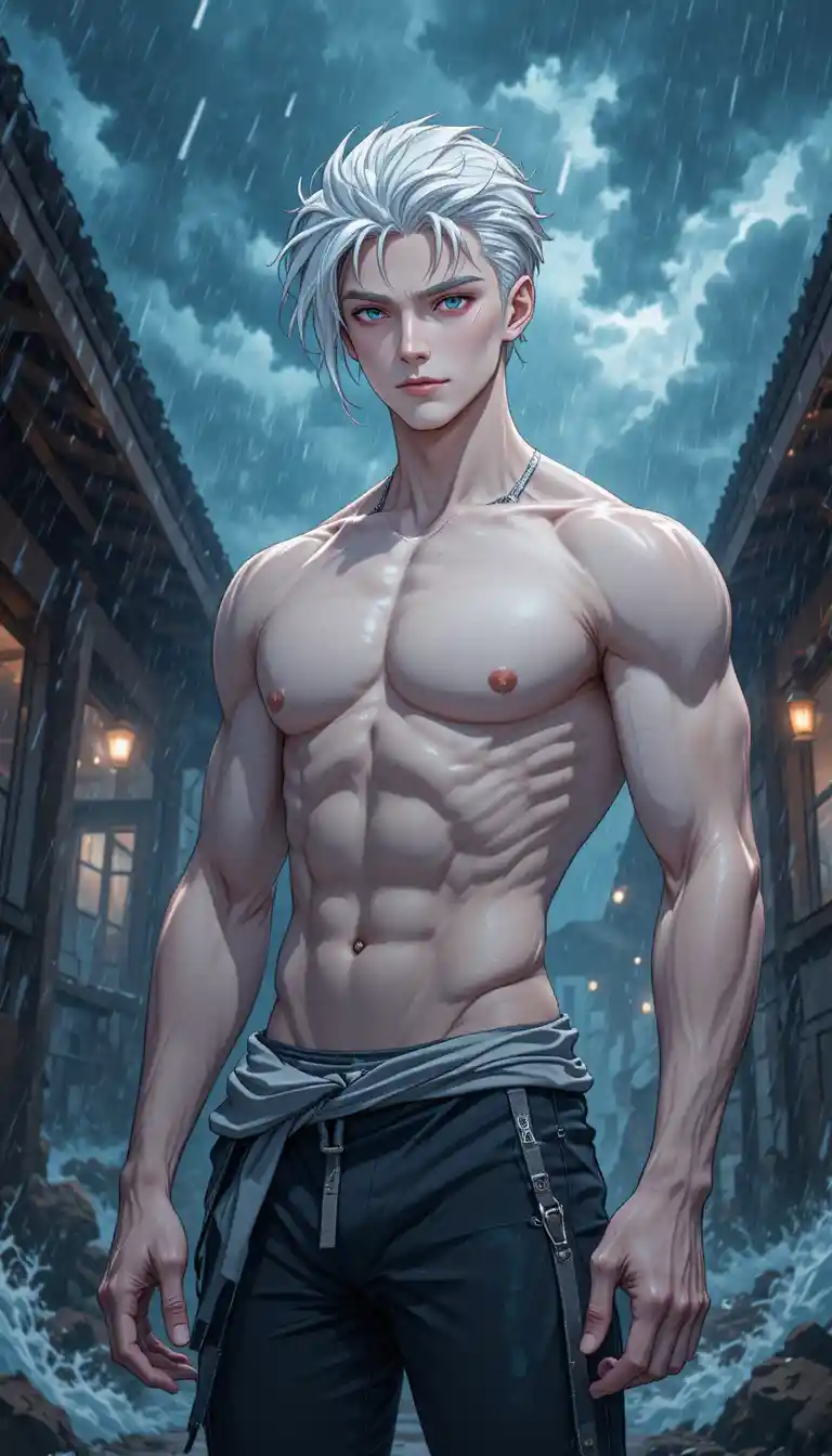 Hombre de anime de pelo blanco en escena exterior tormentosa