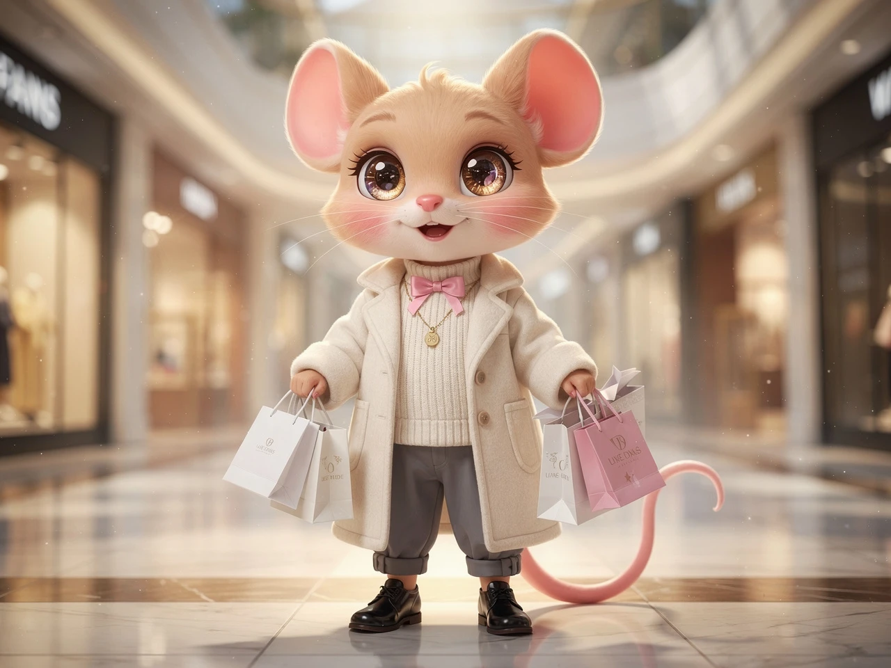 高級ショッピングモールで買い物をするかわいいちびネズミ少女