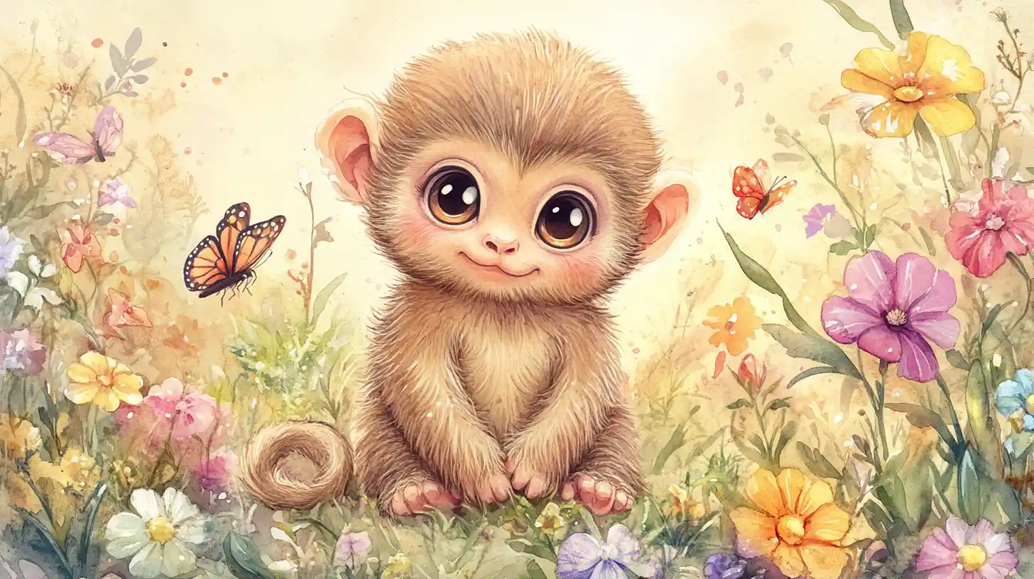 Cute baby monkey in a sunny watercolor flower meadow