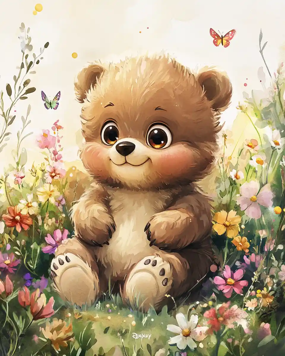 Cute Baby Bear Cub In Sunny Watercolor Flower Meadow
