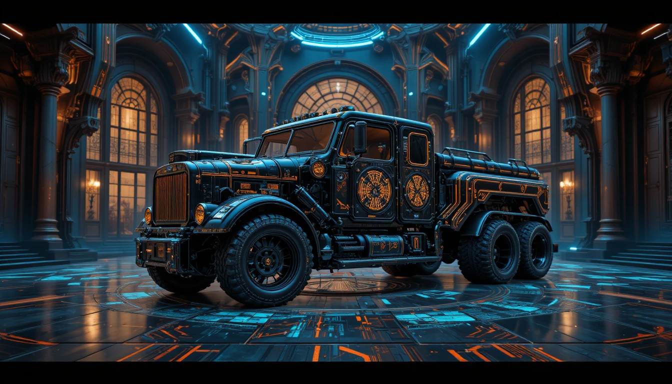 Armored luxury truck before a modern mansion at night