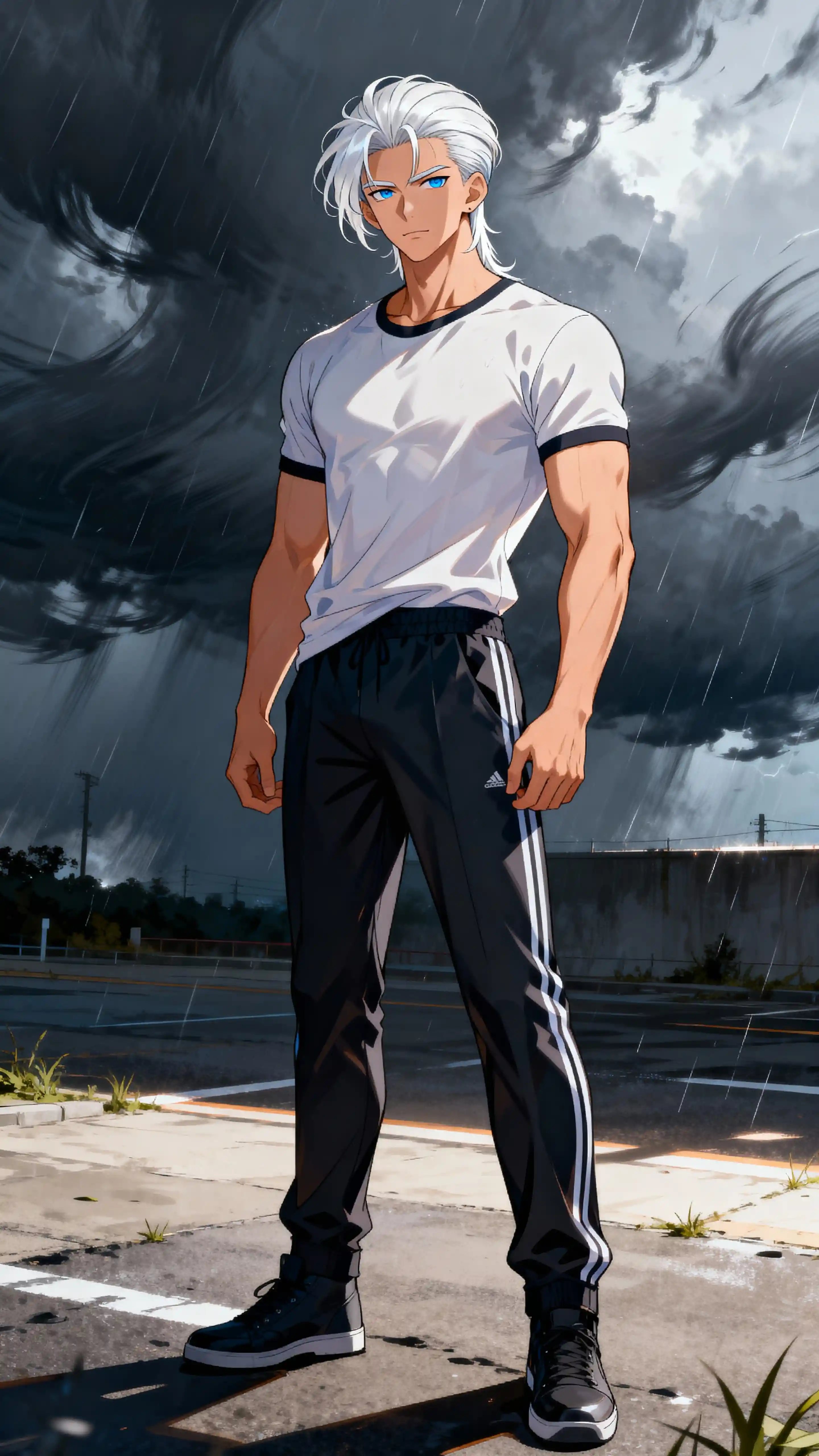Hombre de anime de cabello blanco en escena exterior tormentosa