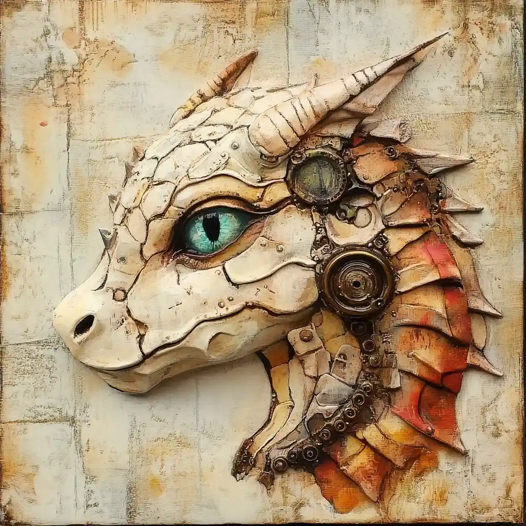 Steampunk dragon profile in medieval mixed media portrait
