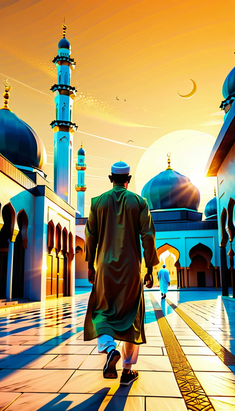 Young muslim man walking toward mosque at sunrise