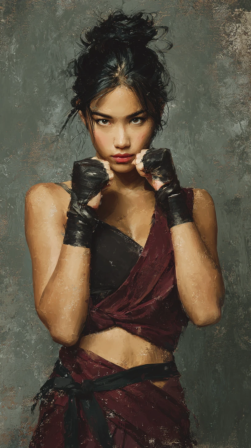 Guerreira asiática com katana em retrato cinematográfico sombrio