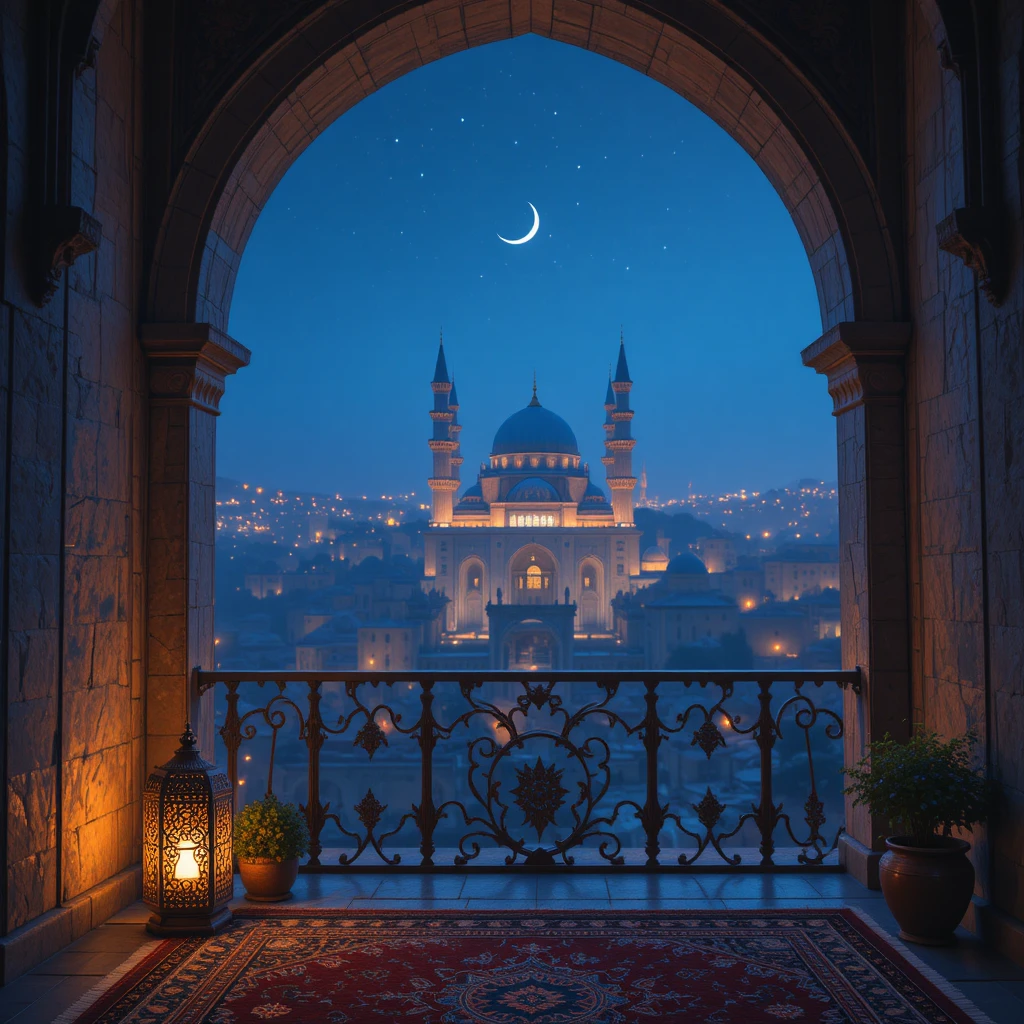 Vista de la ciudad al crepúsculo desde un balcón islámico ornamentado
