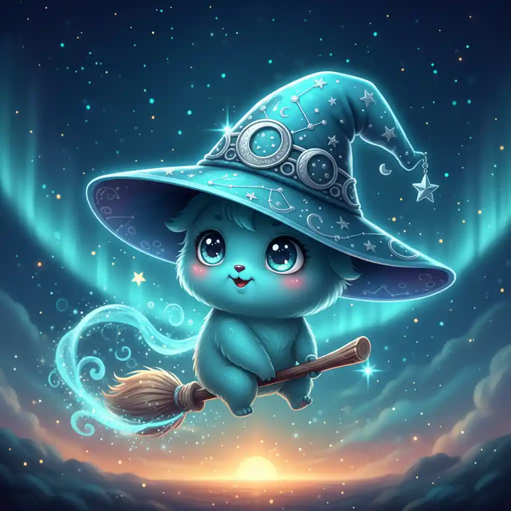 Adorable esprit de sorcière chibi chevauchant un balai lumineux
