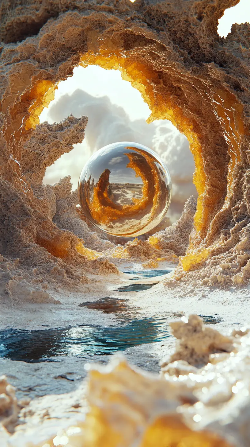 Surreal cosmic portal with floating sphere and ancient key