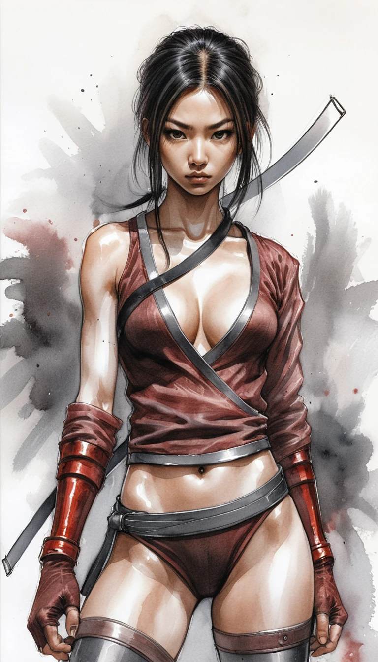 어두운 연기 속 장면의 카타나를 든 아시아 여전사