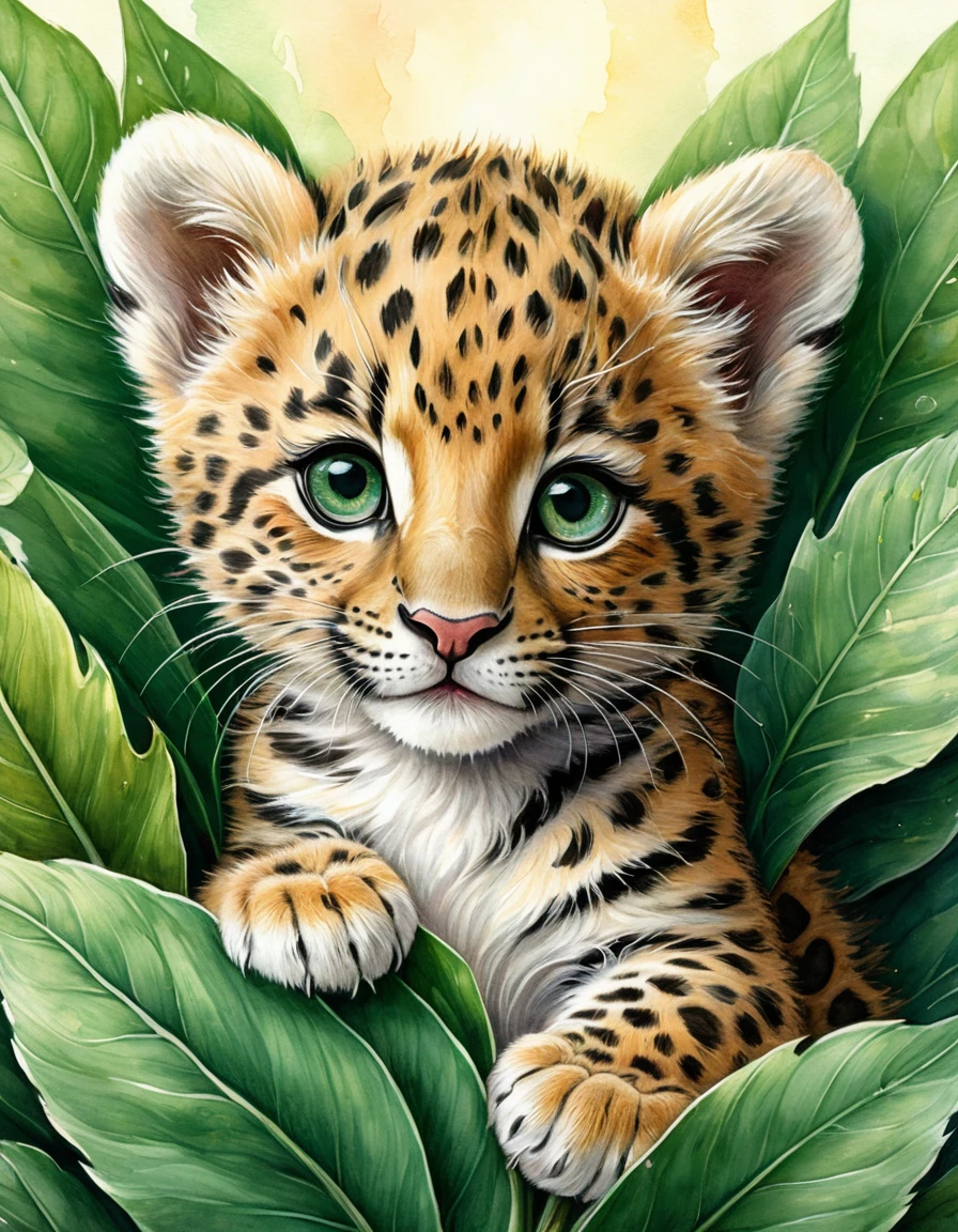 Adorable cachorro de leopardo acurrucado dentro de una hoja verde gigante