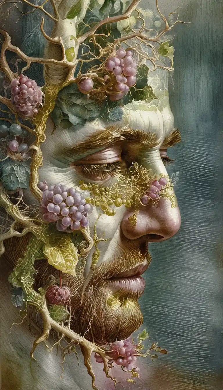 Surreal close up of elderly man merging with green forest ivy