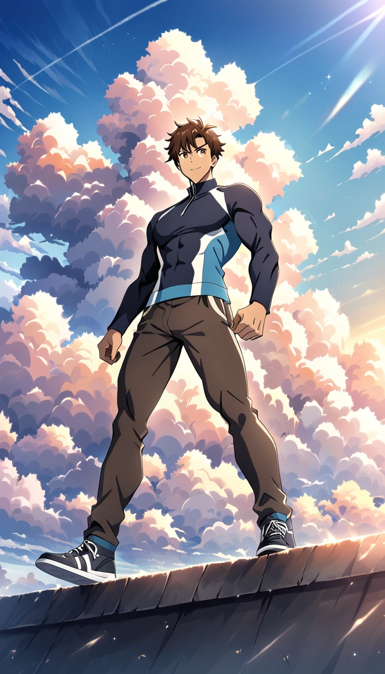 Uomo anime sicuro di sé in piedi all’aperto al caldo tramonto