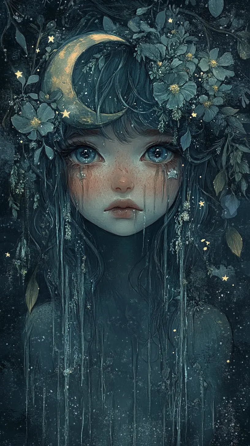 Melancholic blue haired girl among decaying moonlit foliage