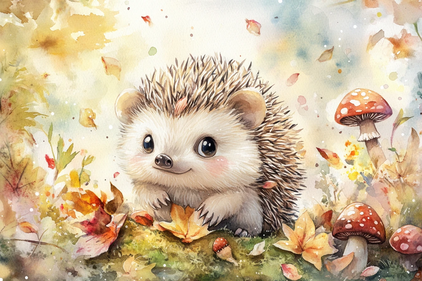 Baby hedgehog on forest floor in soft watercolor style