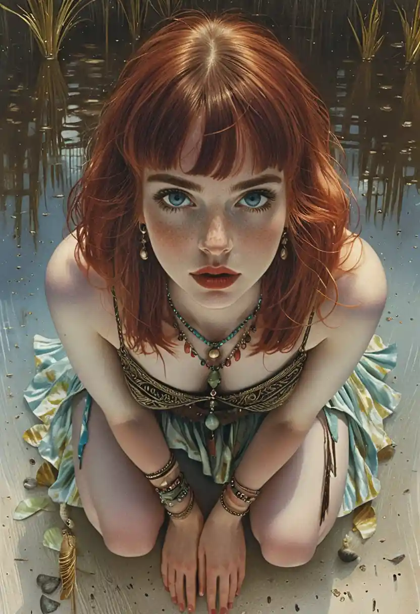 Mystérieuse fille rousse vue de dessus au bord de l’eau