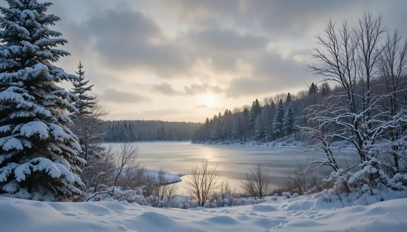 Serene Winter Forest And Frozen Lake Under Soft Gray Sky
