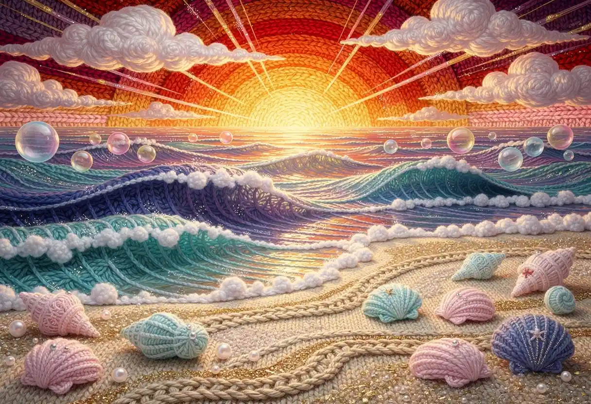 Knitted Yarn Ocean Sunset With Colorful Beach And Waves