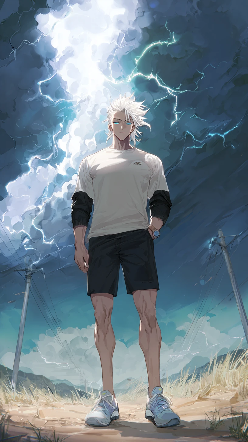 Hombre de anime de pelo blanco en escena exterior tormentosa