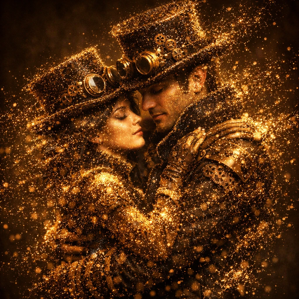 Casal steampunk se abraçando em nuvem dourada de pó de fada