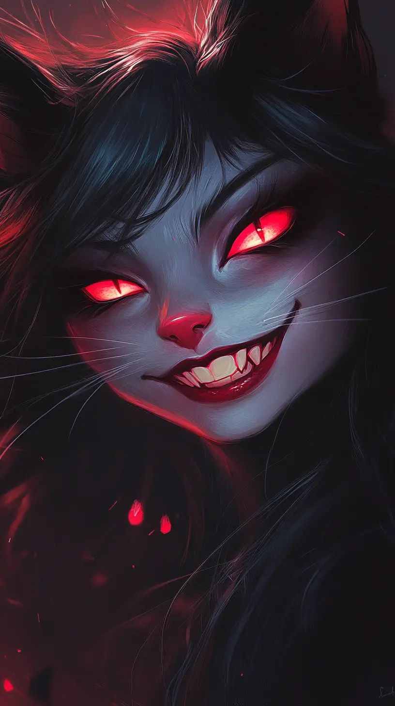 Sinister female feline portrait with glowing red eyes