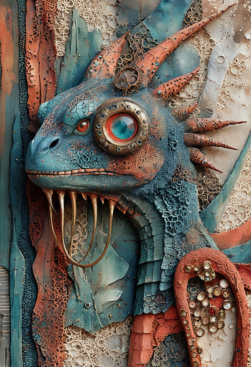 Mixed media profile portrait of a fierce fantasy dragon