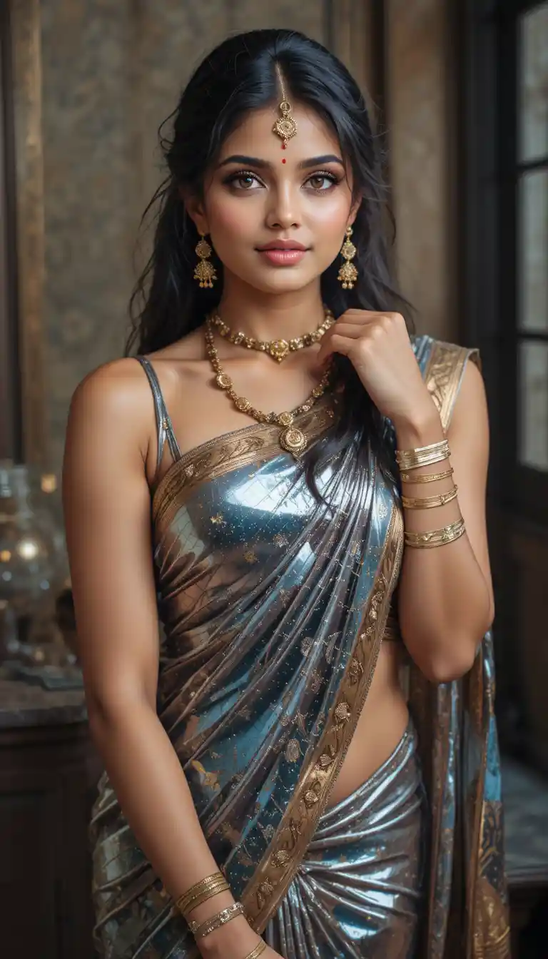 Tamil woman in glossy saree bending in full body pose