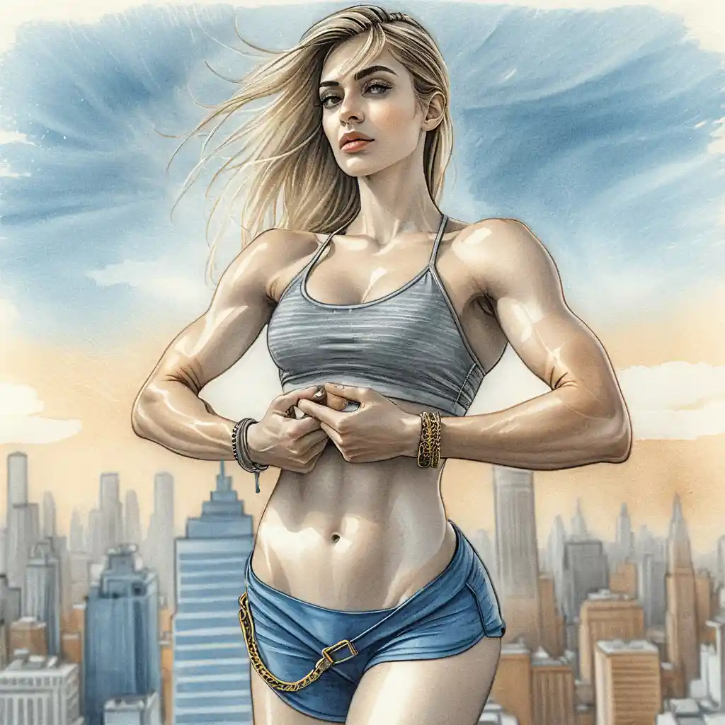 Athletic blonde heroine on a sunlit urban rooftop