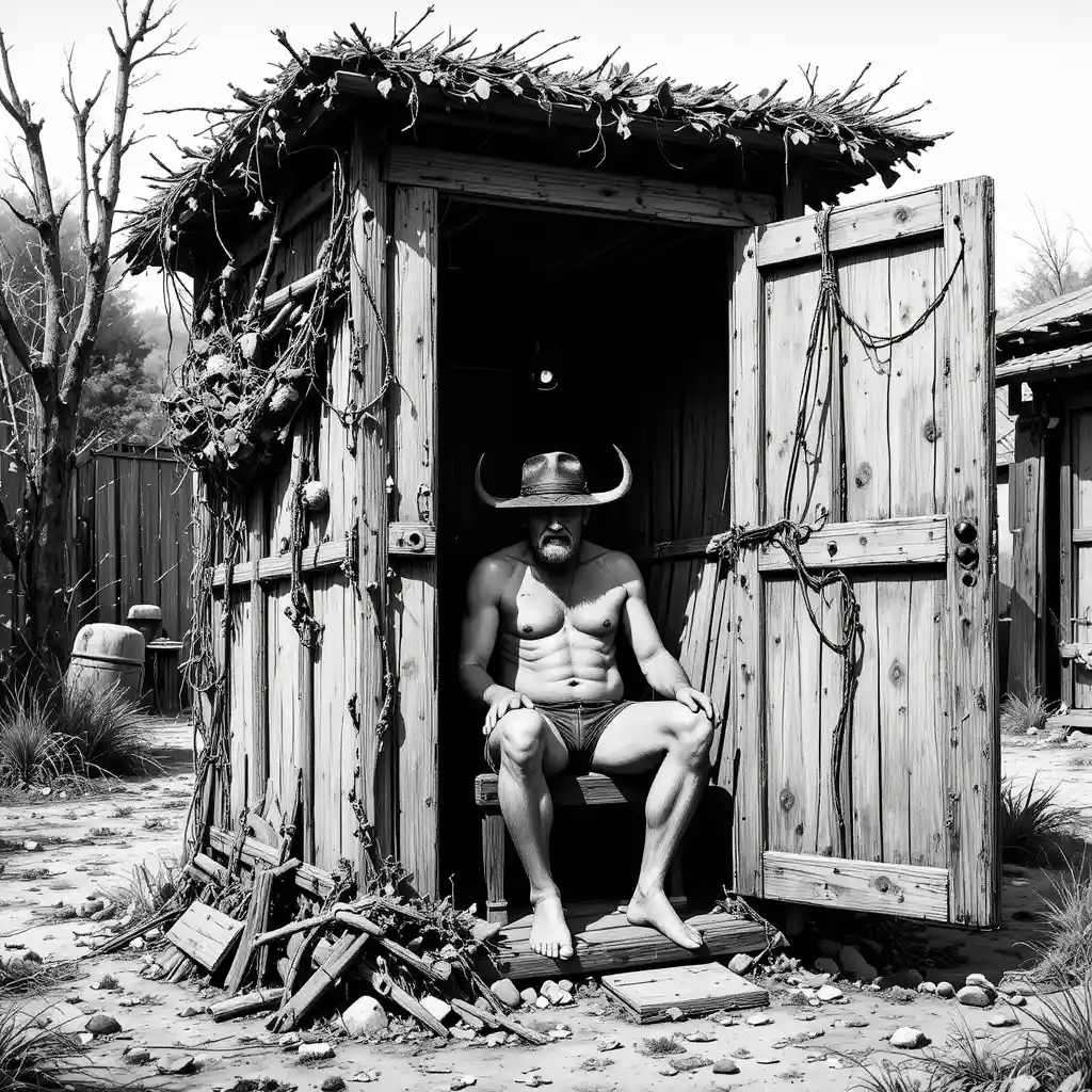 Man entering a leaf covered wooden orgone accumulator box