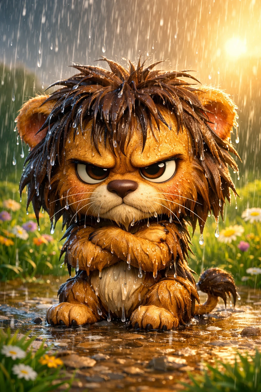 Cute grumpy wet cartoon lion standing in a rainy meadow
