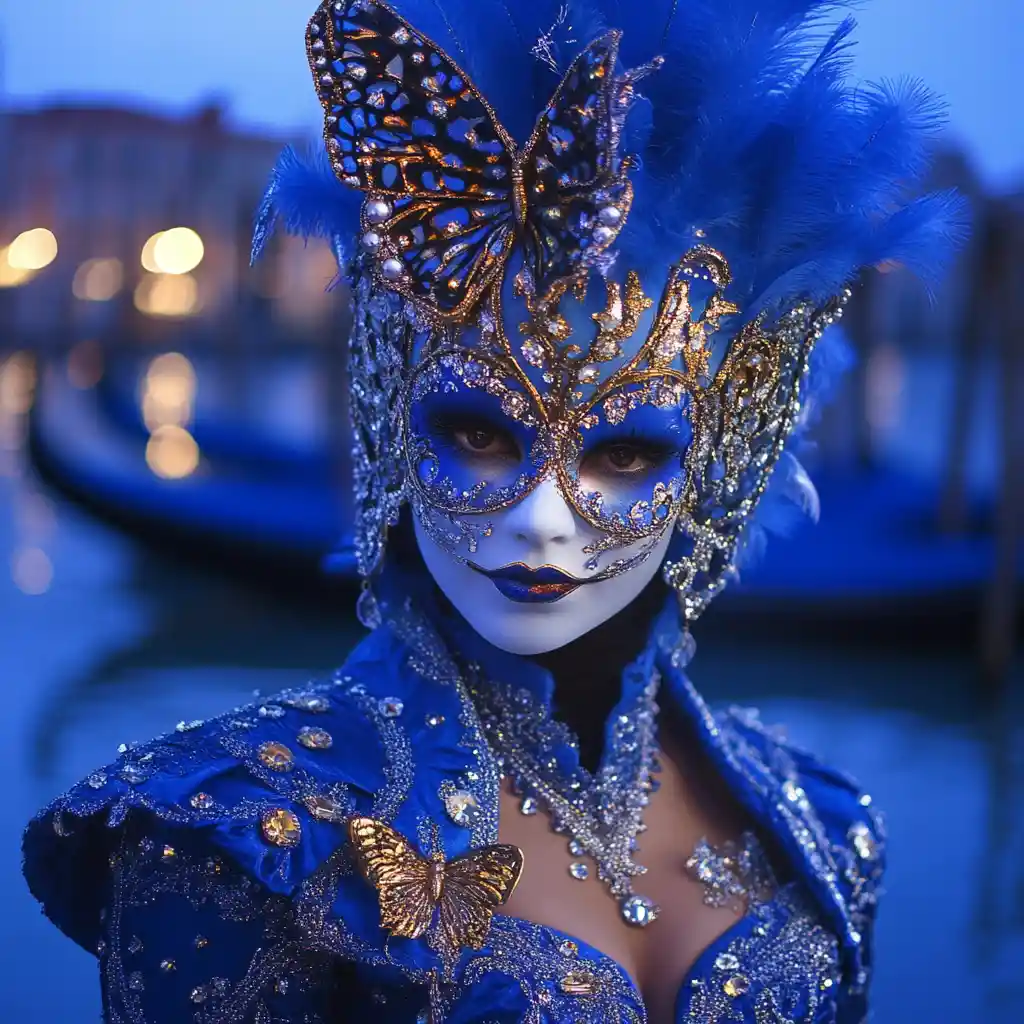 Venetian carnival woman with ornate butterfly mask at dusk