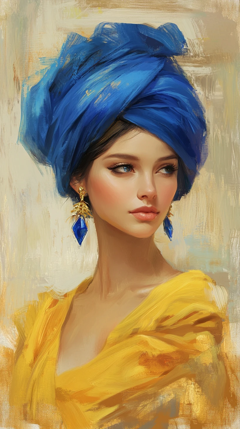 Elegant woman in blue turban and yellow draped outfit