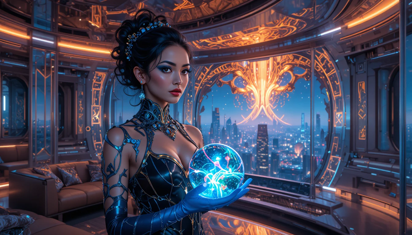 Mujer glamurosa con bola de cristal en apartamento espacial futurista