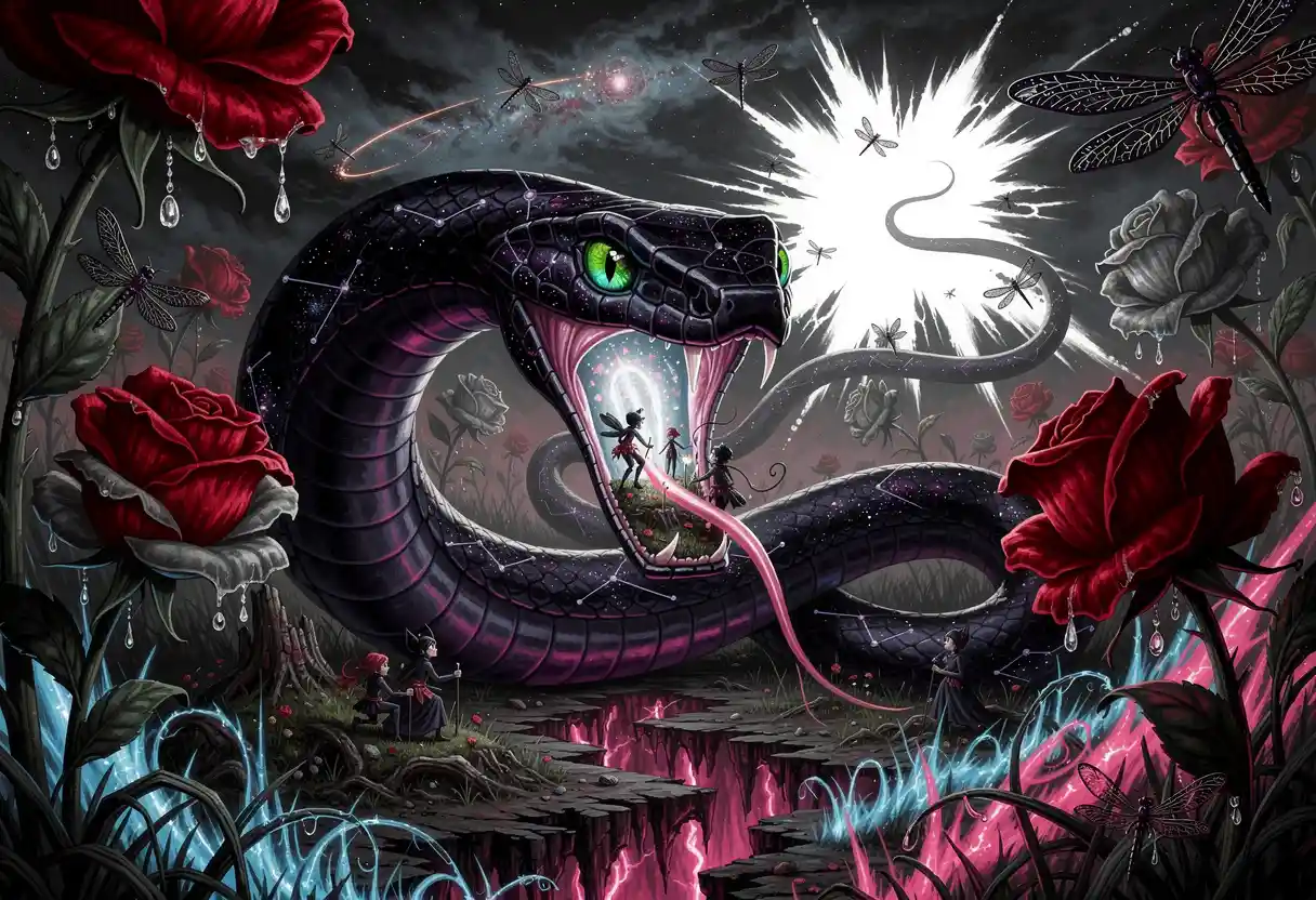 Gothic serpent weaving through a surreal crimson rose garden
